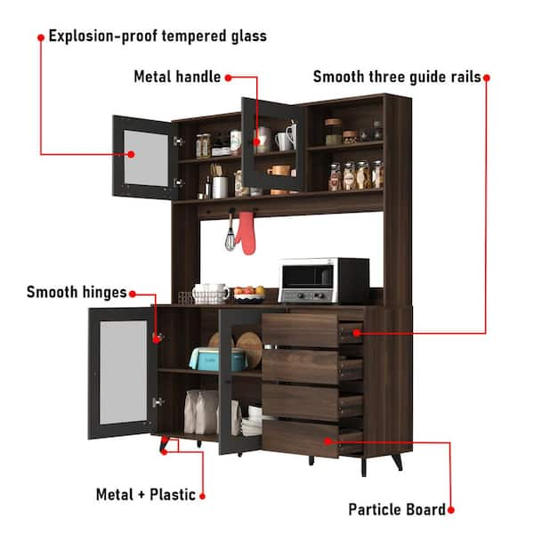 FUFU&GAGA Glass Doors Large Pantry Kitchen Cabinet Buffet with 4-Drawers,  Hooks, Open Shelves 74.8 in. H x 63 in. W x 15.7 in. D KF210128-045-KPL1 -  The Home Depot