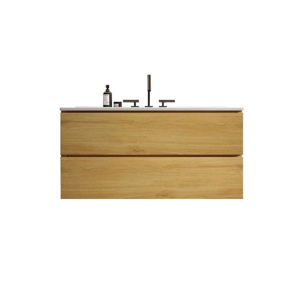 35.82 in. W x 18.3 in. D x 21.1 in. H Wall-Mounted Bath Vanity Set in Oak with White Ceramic Top