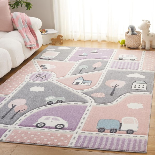 Carousel Kids 5 ft. x 8 ft. Gray/Pink Neighborhood Roads Area Rug