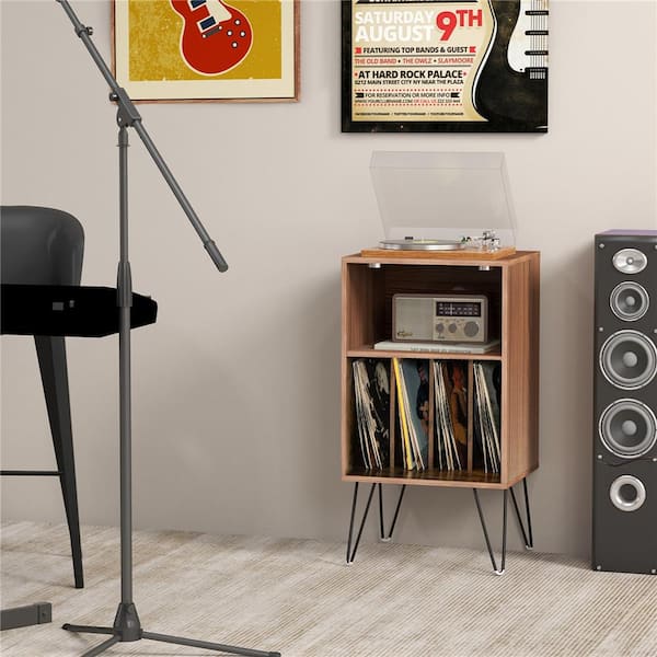 Rustic Brown 3-Tier Record Player Stand with Charging Station Shelf and 4-Dividers for Bedroom