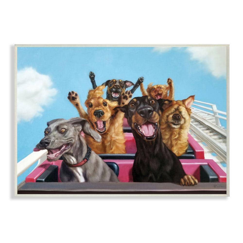 Dogs Riding Roller Coaster Funny Amusement Park Wood Wall Art Blue 19 x 13