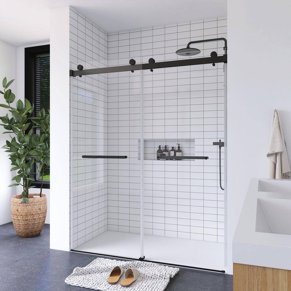 56-60" Frameless Clear Glass Double Sliding Shower Door in Matte Black