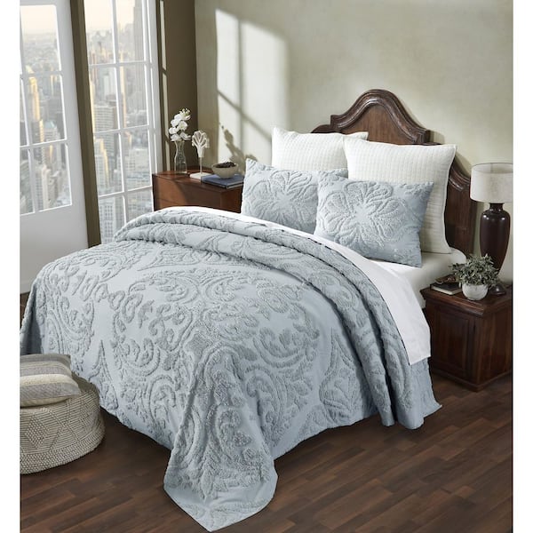 Better Trends Rylee Blue Single Piece 100% Cotton Queen Bedspread
