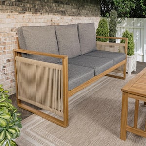 Gable 3-Seat Mid-Century Modern Roped Acacia Wood Outdoor Couch Sofa, Gray/Teak Brown with Cushions