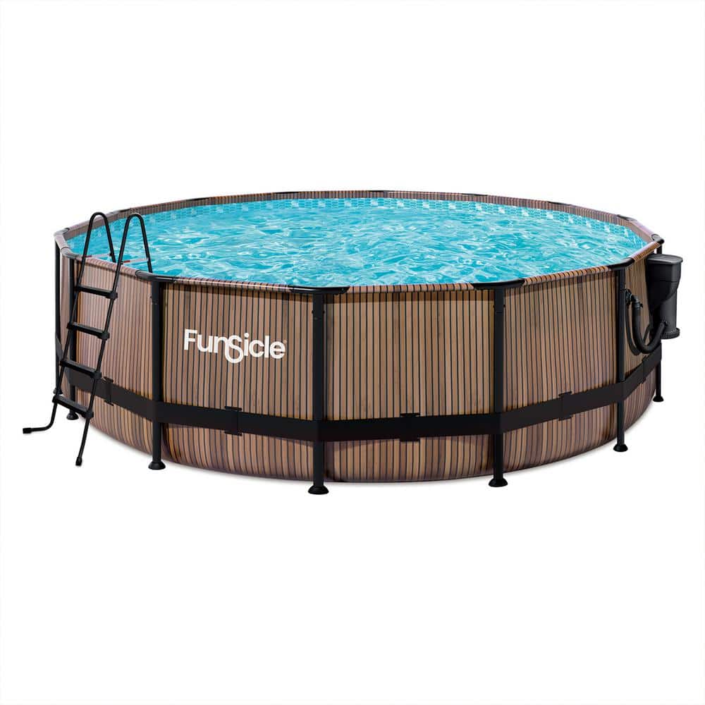 Funsicle 16 ft. Round 48 in. Deep Metal Frame Above Ground Pool, Natural Teak P4E01648B The