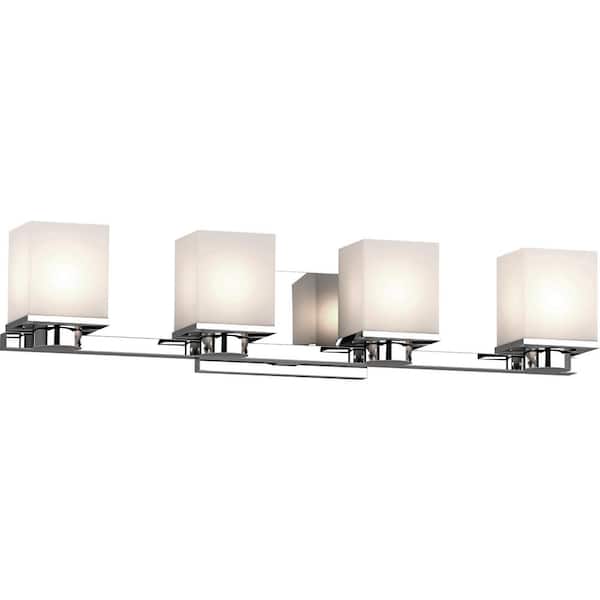 Volume Lighting Sharyn 4-Light 8 in. Chrome Indoor Bathroom Vanity Wall Sconce or Wall Mount with Frosted Glass Square Rectangle Shades