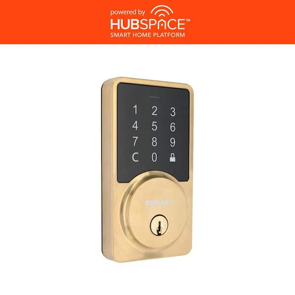 Defiant Square Brushed Gold Smart Wi-Fi Deadbolt Powered by Hubspace