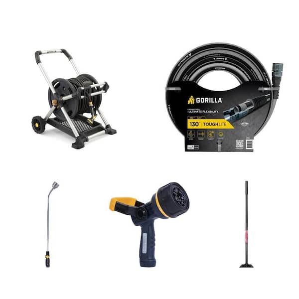 200 ft. Aluminum Hose Reel, 5/8 in. x 130 ft. Hose, 33 in. Shower Head Wand, Nozzle and 51 in. Tamper Combo