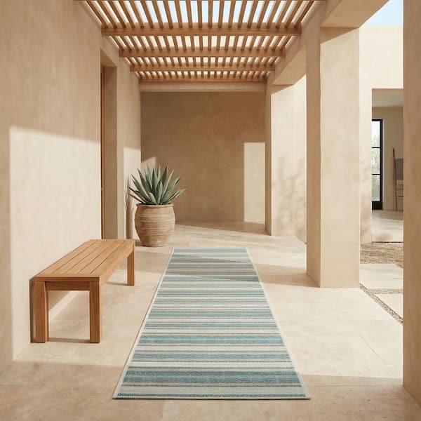 Monaco Marbella Ivory-Sand-Azure Blue 2 ft. x 8 ft. Indoor/Outdoor Runner Rug