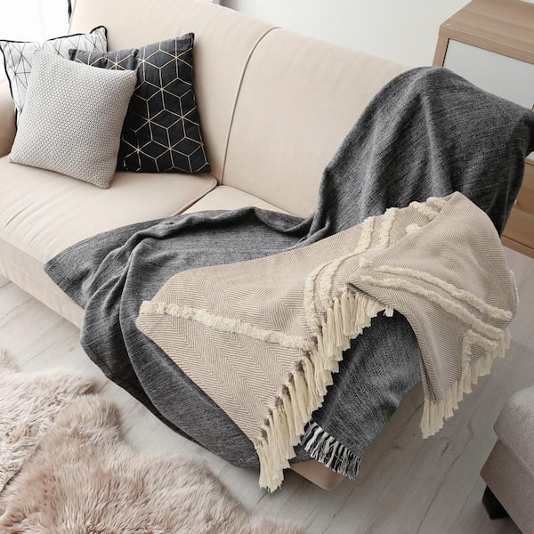 Norah Fringe Tufted Geometric Beige / Cream All Natural Cotton Throw Blanket