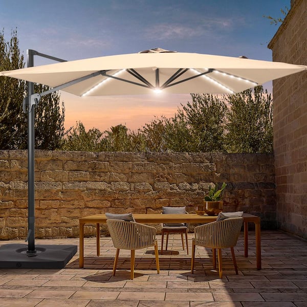 JOYESERY 11.5 ft. x 9 ft. Outdoor Rectangular Cantilever LED Patio Umbrella, Solution-Dyed Fabric Aluminum Frame in Sand