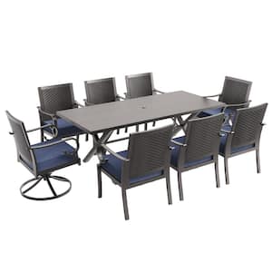 9-Piece Metal Outdoor Dining Set with Rattan Woven Backrest, Swivel Rocking Chairs, Umbrella Hole and Navy Blue Cushion