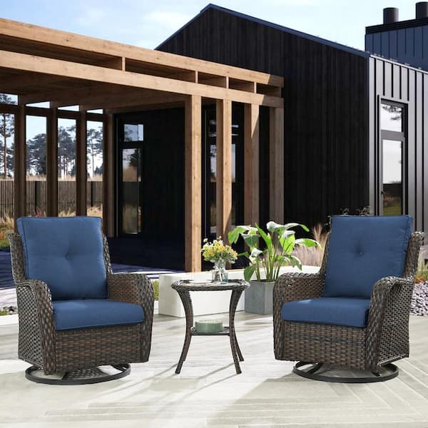 ArcoBay 3-Piece Brown Wicker Swivel Outdoor Rocking Chairs Patio Conversation Set with Olefin Blue Cushions