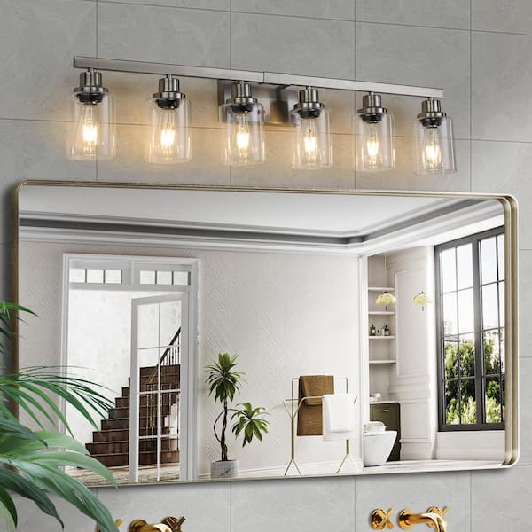 37 in. Modern 6-Light Brushed Nickel Vanity Light Over Mirror Bath Wall Lighting Fixtures with Clear Glass Shade