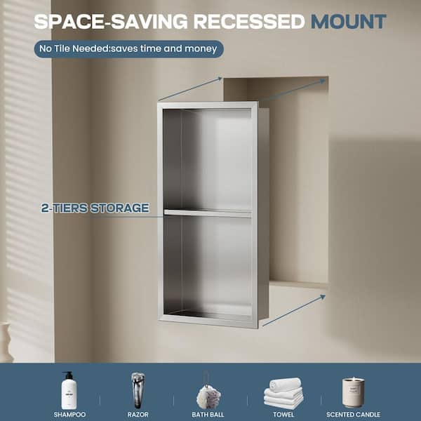 Stainless Steel Shower Niche 12" X 36", No Tile Needed Wall Niche Three