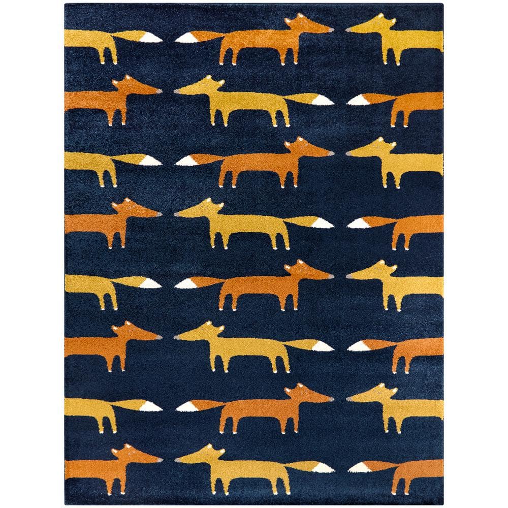 Blue 4' x 6' Synthetic Kids' Rug with Fox Print