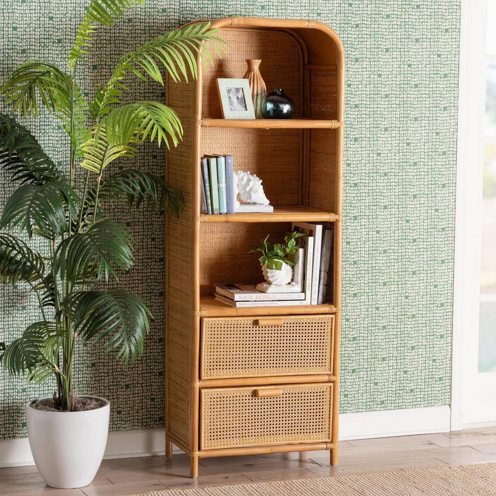 Curacao Tall Light Honey Rattan and Wood Bookcase with Drawers