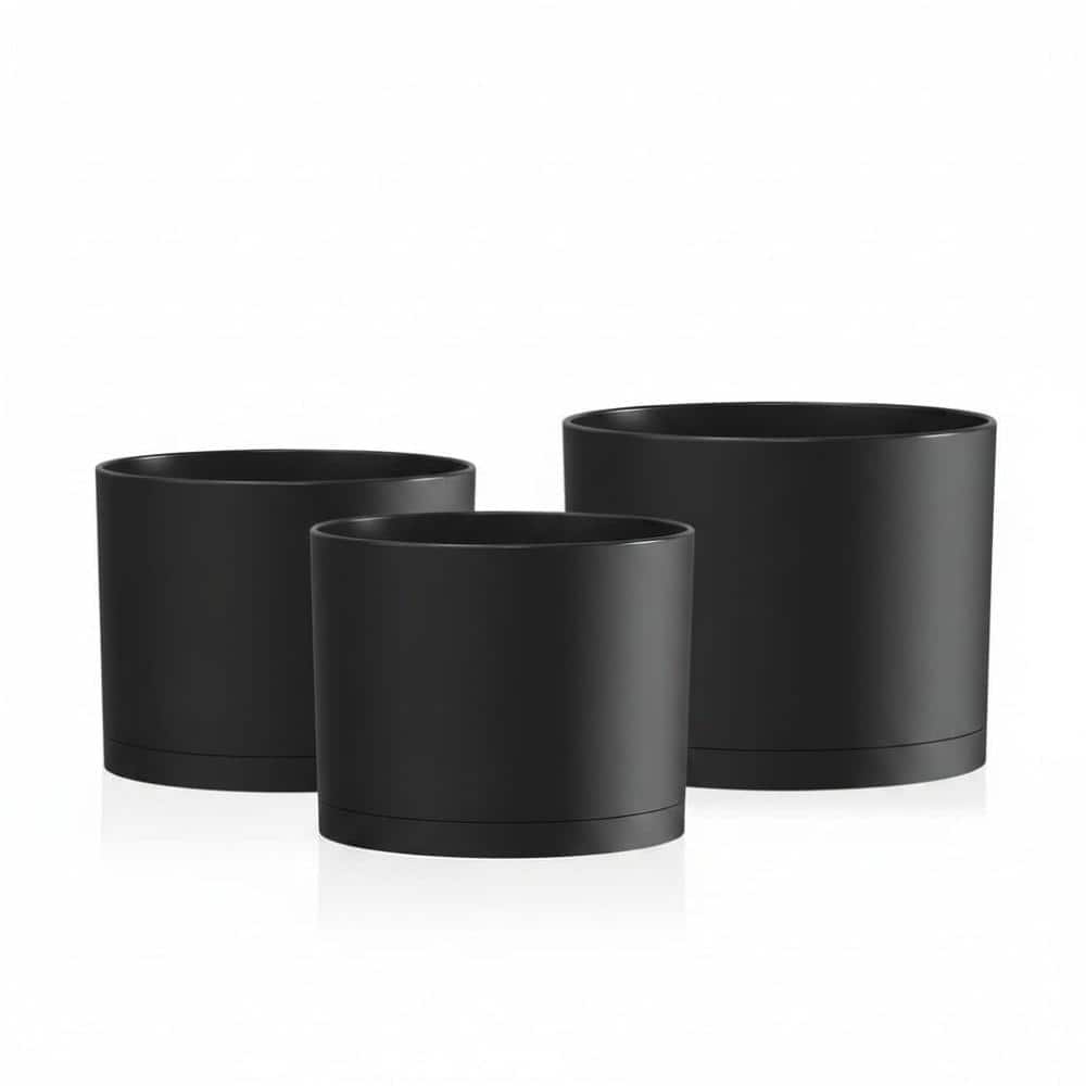 CYLINDER （M size）BLACK Set of 3 Matte Black Modern Cylinder Planters 10/9/8 Inch with