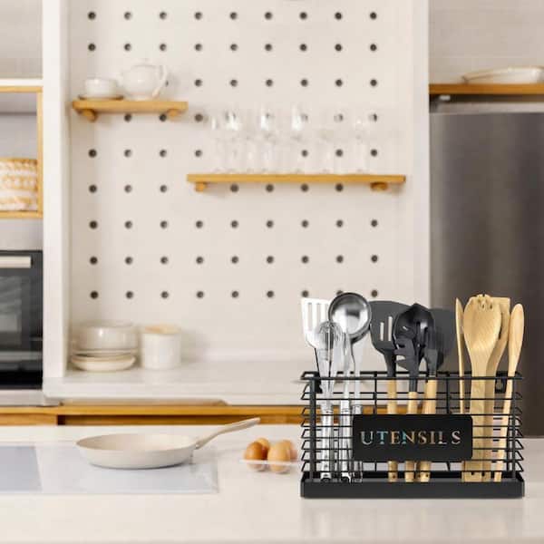 Matte Black Metal Kitchen Utensil Holder with Diatomaceous Earth Base and 3-Compartments Quick-Drying Organizer