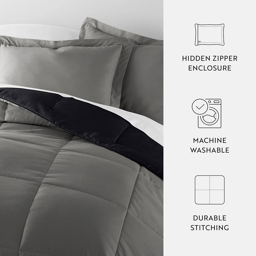 Full Black and Fog Reversible Down Alternative Comforter Set