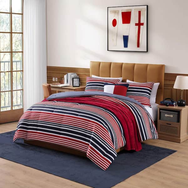 トミーヒルフィガー　クィーンサイズ　掛け布団 Tommy Hilfiger Favorite Stripe 3-Piece White/Red/Navy Blue