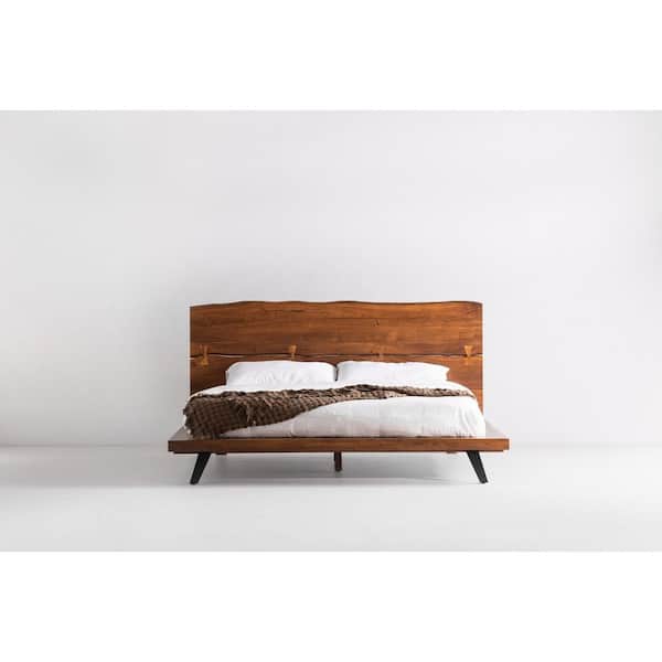 Sterling Brown Solid Acacia Frame Queen Platform Bed with Steel Legs and Live Edge Headboard