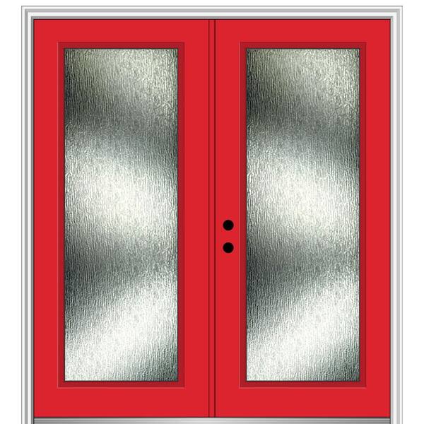 MMI Door Rain Glass 64 in. x 80 in. Right-Hand Inswing Full Lite Painted Red Saffron Prehung Front Door on 4-9/16 in. Frame