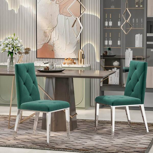 green fabric dining room chairs