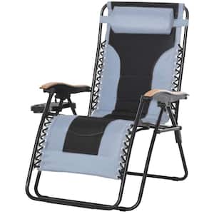Black Zero Gravity Metal Outdoor Lounge Chair Recliner with Grey/Black Sling Cushions and a Folding Design