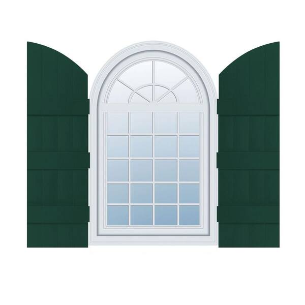 Builders Edge 14 in. W x 81 in. H Vinyl Exterior Arch Top Joined Board and Batten Shutters Pair in Midnight Green