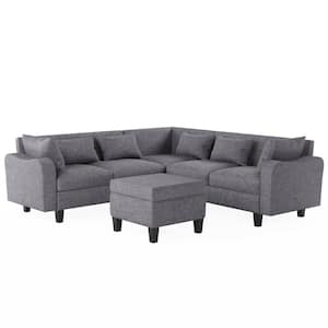 87 in. Square Arm 4-Piece L Shaped Linen 6-Seat Couch Set Modern Sectional Sofa with Coffee Table Ottoman in Gray