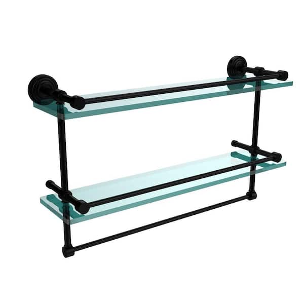 Allied Brass 22 in. L x 12 in. H x 5 in. W 2-Tier Gallery Clear Glass Bathroom Shelf with Towel Bar in Matte Black