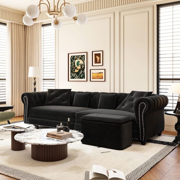 DBSAY 89 in. Sable Black Velvet King Size 3-Seat Sleeper Sofa Bed with Tufted Arms and Mobile Ottoman