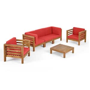 Oana Teak Brown 6-Piece Wood Patio Conversation Set with Red Cushions