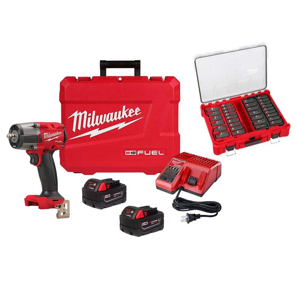 Milwaukee M18 FUEL 18V Lith-Ion Brushless Cordless 3/8 in. Mid-Torque Impact Wrench Batteries &amp; Impact Socket Set