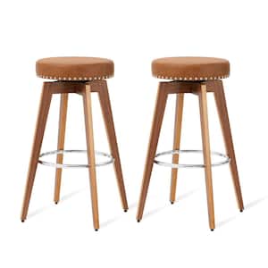 31.25 in. H Brown Swivel Metal Wood Legs with Veneer Walnut Finish Leatherette Seat and Composite Bar Stool (Set of 2)