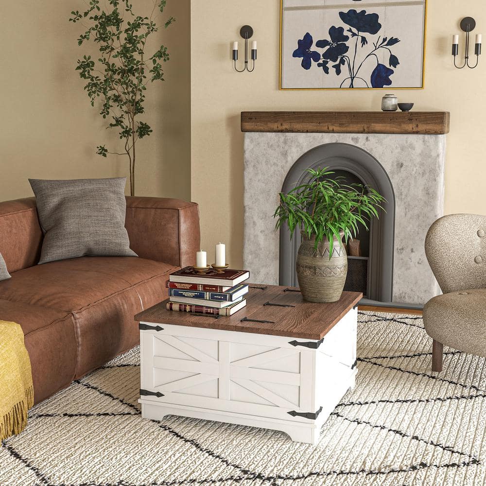 White farmhouse coffee table in a cozy living room.