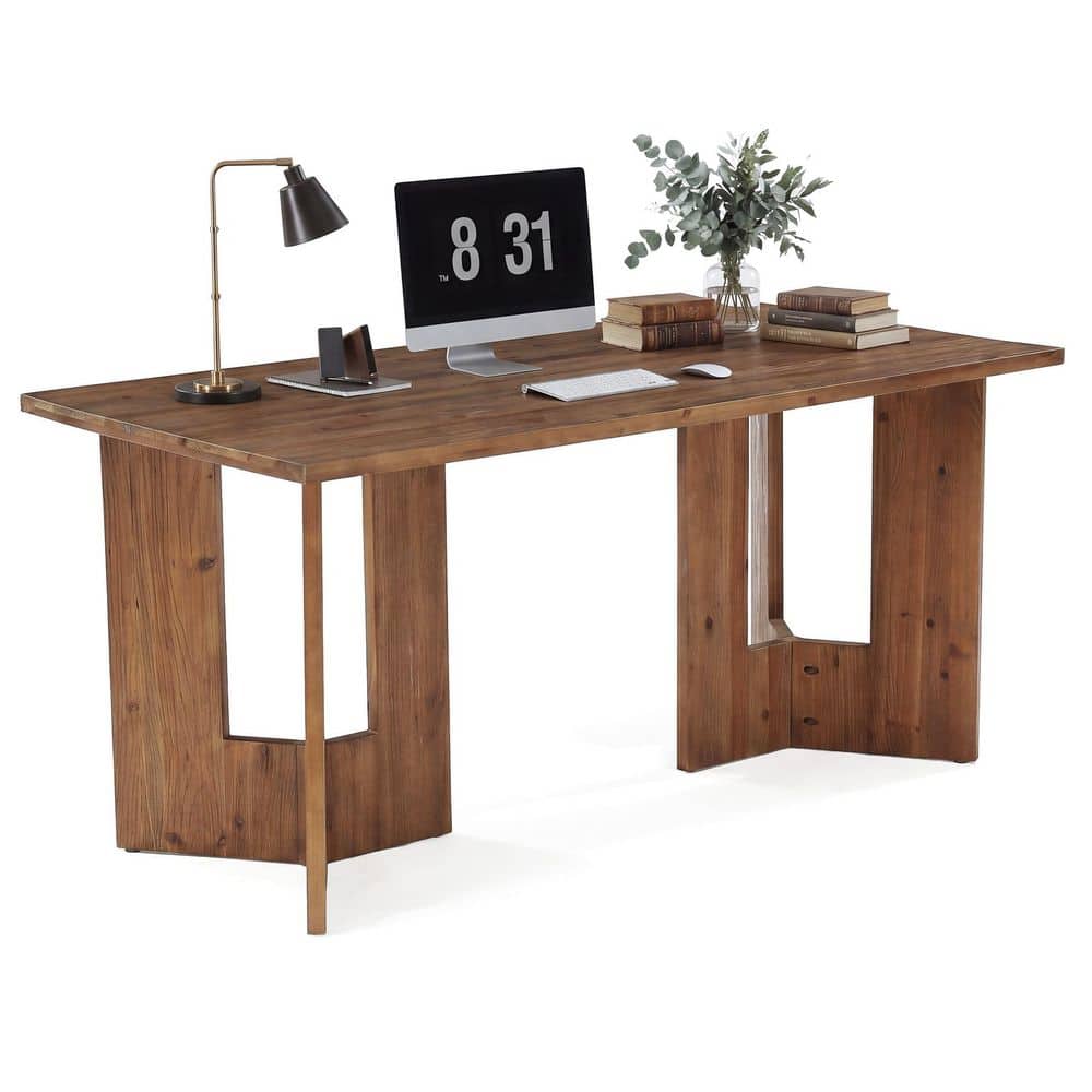 Moronia 63 in. Farmhouse Rectangle Brown Solid Wood Executive Desk with Double Pedestal, Office Desk Office Workstaticon price history on PriceWatchPro