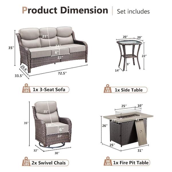 MoonLuxe Brown Wicker Fire Pit Conversation Set with Beige Olefin 6 in. Thick Cushions Patio Swivel Chairs (5-Piece)