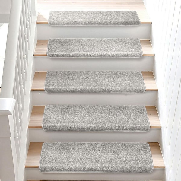 Bullnose Light Gray 9.5 in. x 30 in. x 1.2 in. Polypropylene Stair Tread Cover Carpet Mats Self Adhensive Set of 12