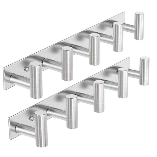 2-Pack Silver Wall Mounted Coat Rack with 5 Hooks for Robes, Bags, Keys and Hats, Bathroom Towel Hanger Organizer