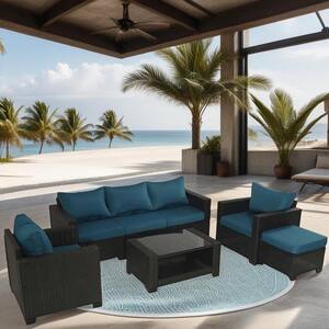Tenleaf 7-Piece Gray Wicker Patio Conversation Set with Dark Blue ...