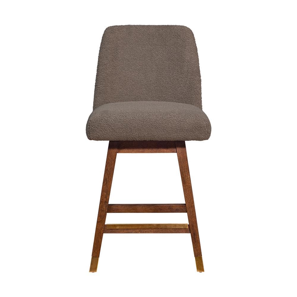 Brown Oak Wood Swivel Counter Stool with Taupe Boucle Fabric