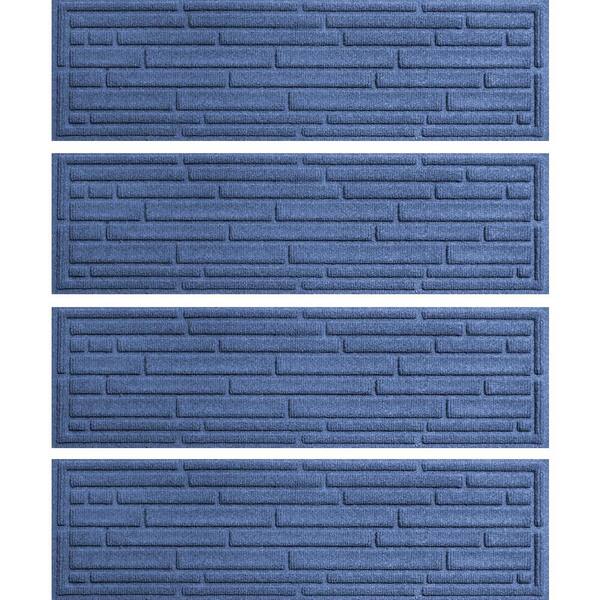 Bungalow Flooring Aqua Shield Broken Brick Navy 8.5 in. X 30 in. PET Polyester Indoor Outdoor Stair Tread Covers (Set of 4)