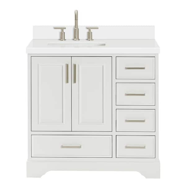 Stafford 36 in. W x 22 in. D x 36 in. H Left Single Sink Freestanding Bath Vanity in White with Pure White Quartz Top