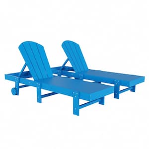 Laguna 2-Piece Fade Resistant HDPE Plastic Adjustable Outdoor Adirondack Chaise Loungers with Wheels in Pacific Blue