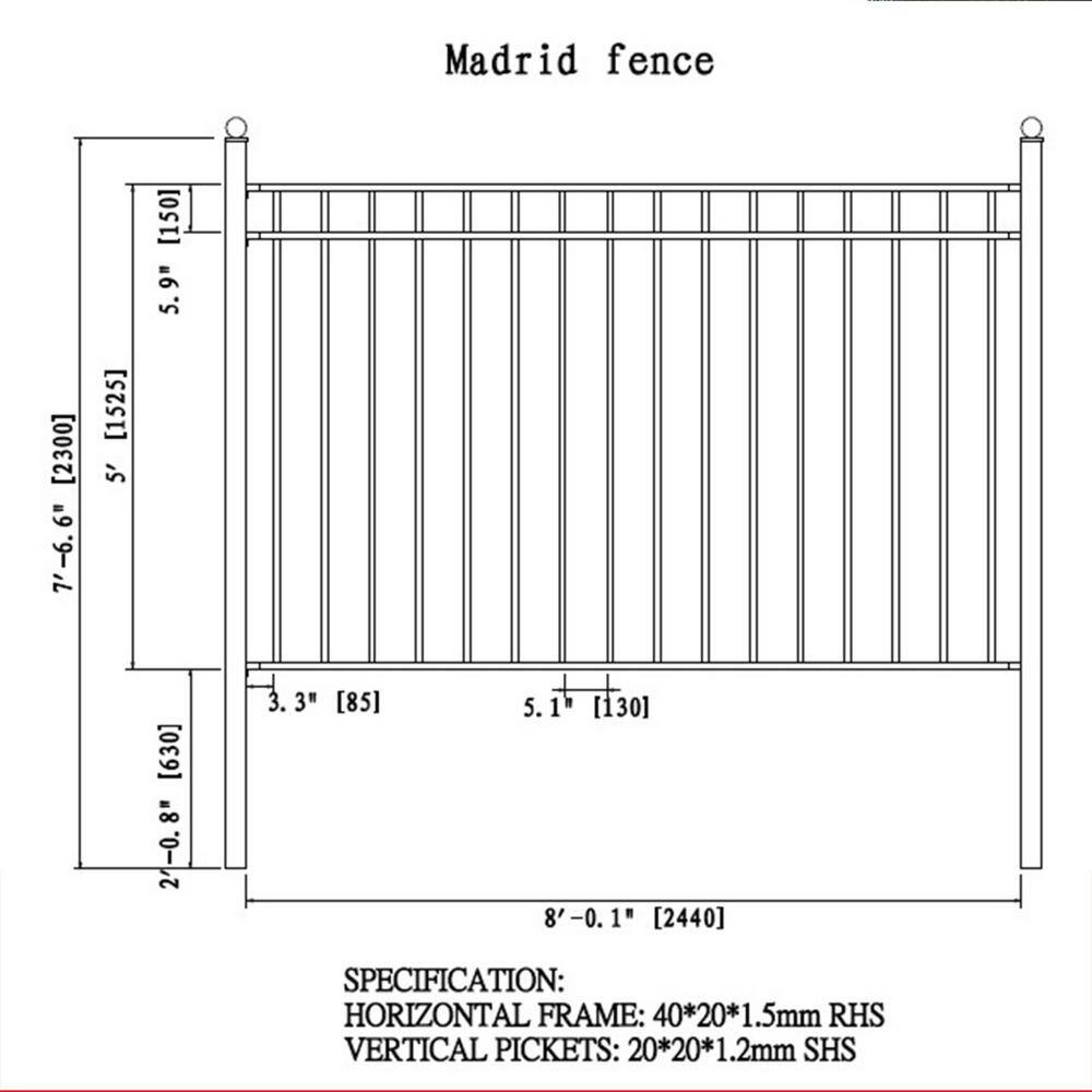 Madrid Style Black Steel Garden Fence Panels, 8 x 5 Feet, Set of 2