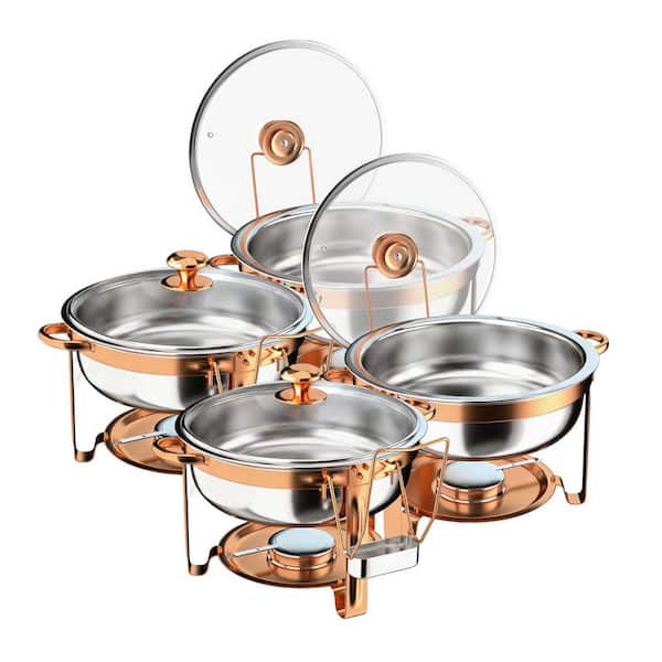 5 qt. 4 Piece Rose Gold Round Stainless Steel Chafing Dishes with Glass Lid
