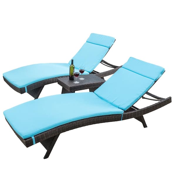 Noble House Salem Multi-Brown 3-Piece Faux Rattan Outdoor Chaise Lounge with Blue Cushions