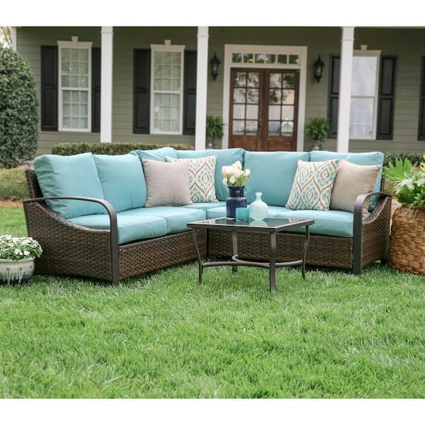 Leisure Made Trenton 4-Piece Wicker Outdoor Sectional Set with Blue Cushions